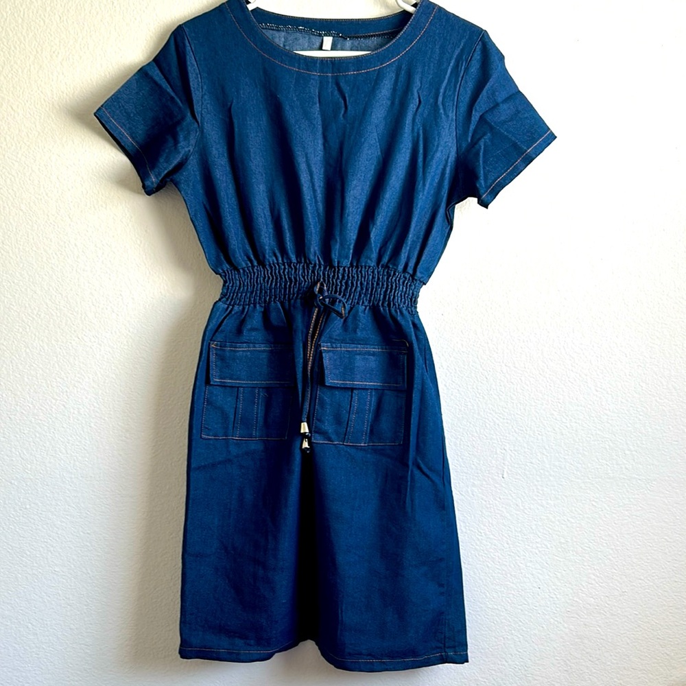 Women’s Short Sleeve Stretch Denim Dress - Dark Denim Blue